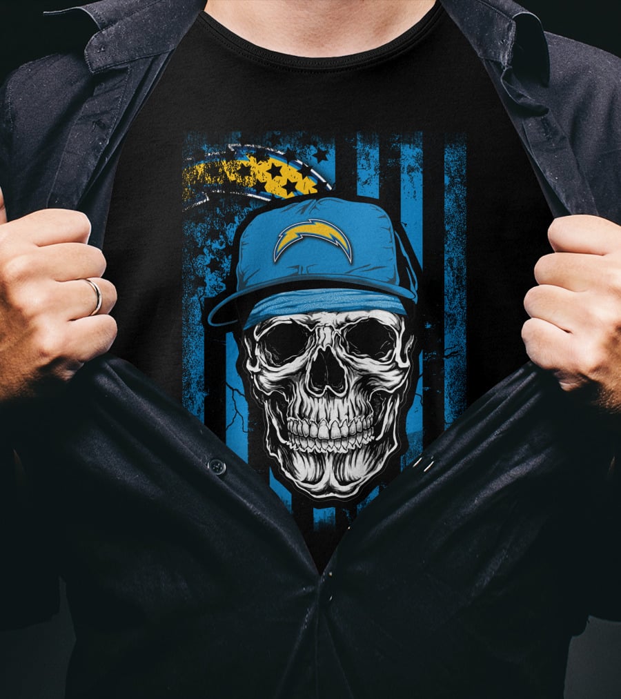 Skull With Los Angeles Chargers Lightning Bolt Hat On T-Shirt