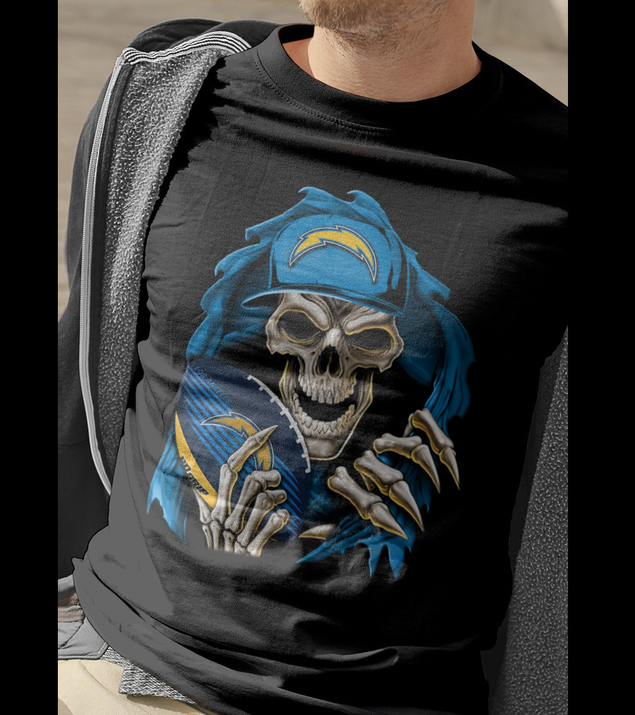 Skullbong Los Angeles Chargers Skeleton Holding Football With Blue Hood And Cap T-Shirt