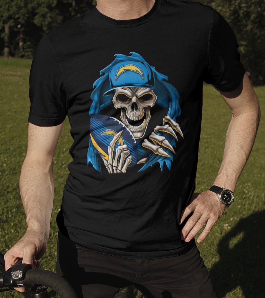 Skullbong Los Angeles Chargers Skeleton Holding Football With Blue Hood And Cap T-Shirt