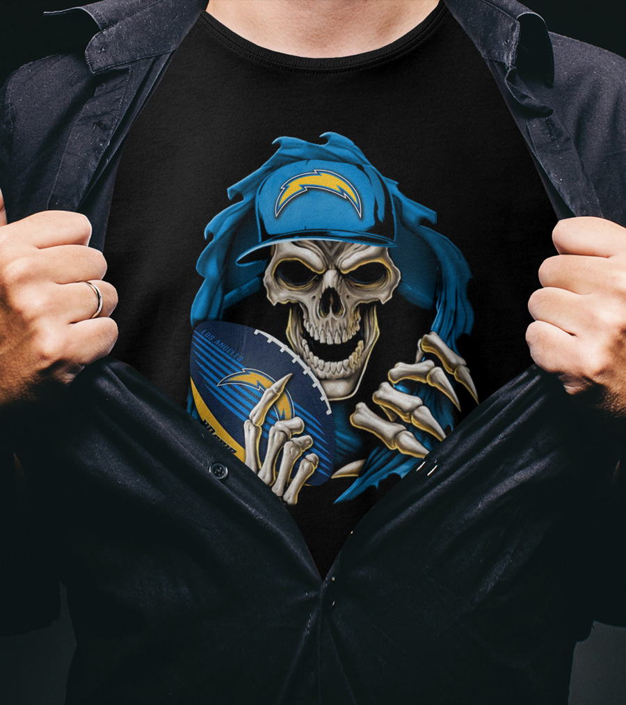 Skullbong Los Angeles Chargers Skeleton Holding Football With Blue Hood And Cap T-Shirt