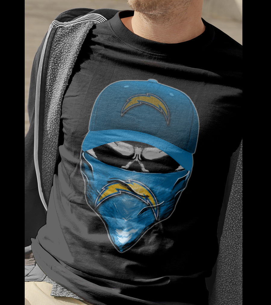 Skull Wearing Los Angeles Chargers Cap And Bandana T-Shirt