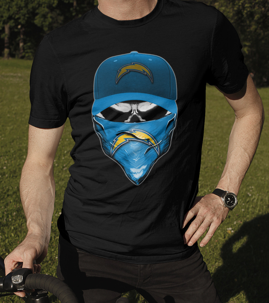 Skull Wearing Los Angeles Chargers Cap And Bandana T-Shirt