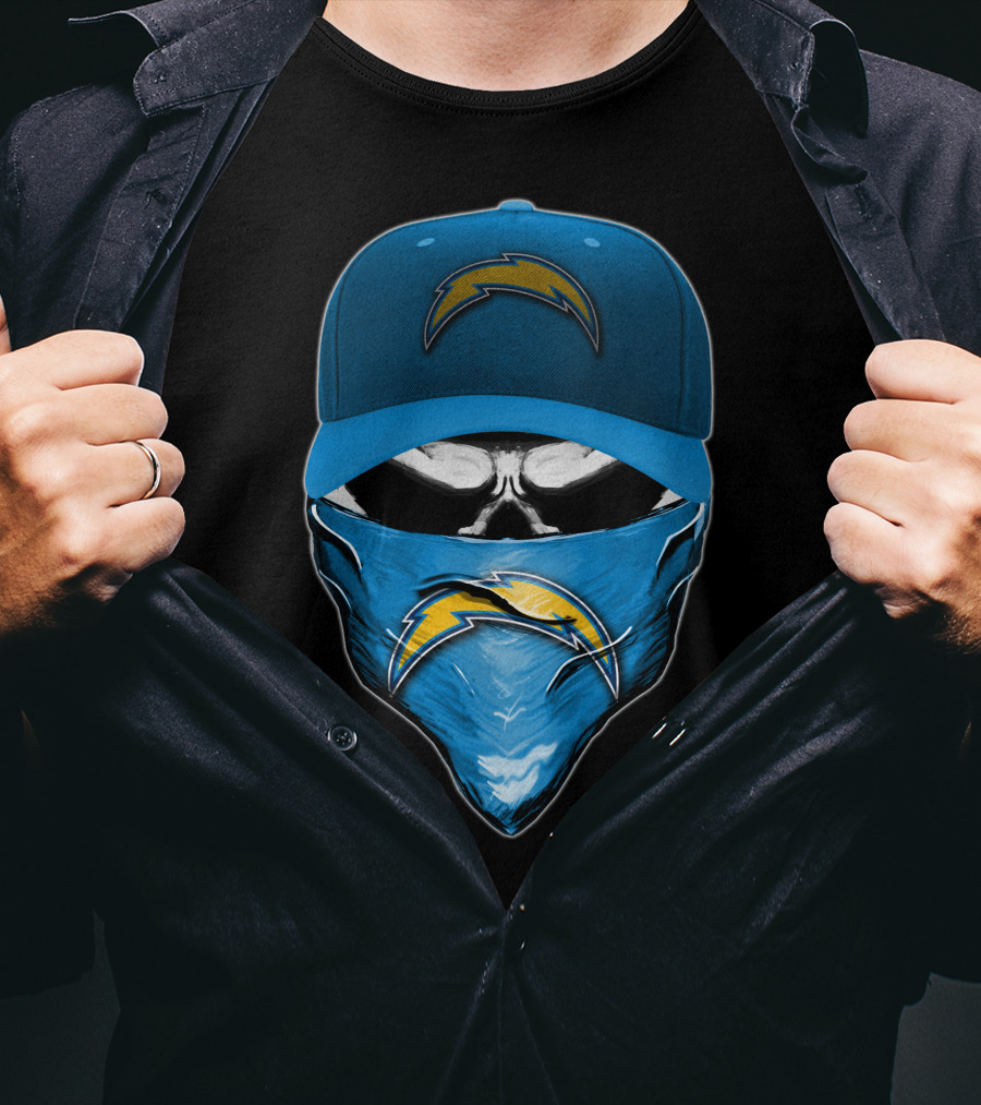 Skull Wearing Los Angeles Chargers Cap And Bandana T-Shirt