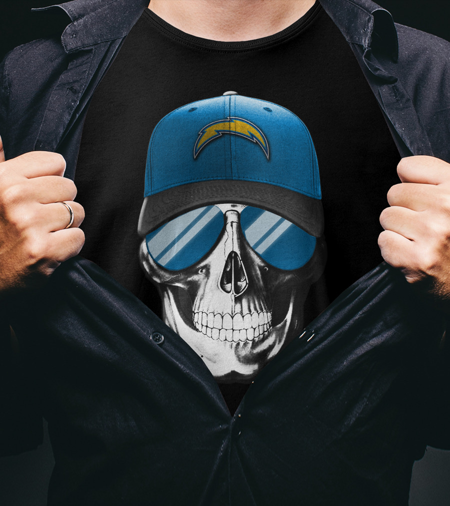 Skull Wearing Los Angeles Chargers Cap With Blue Sunglasses T-Shirt