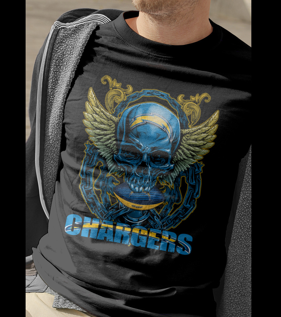 Skullfb Chargers Los Angeles Winged Skull Football Helmet And Chains T-Shirt