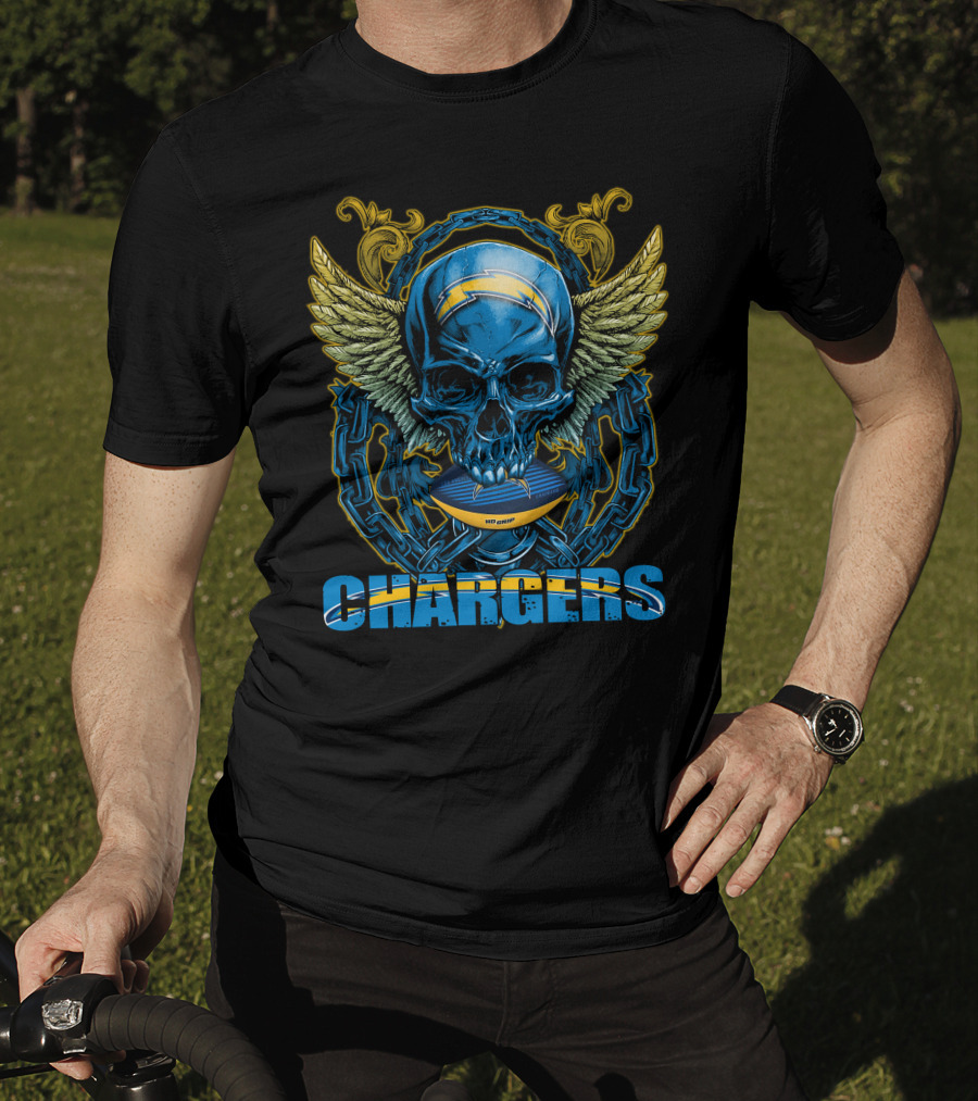 Skullfb Chargers Los Angeles Winged Skull Football Helmet And Chains T-Shirt