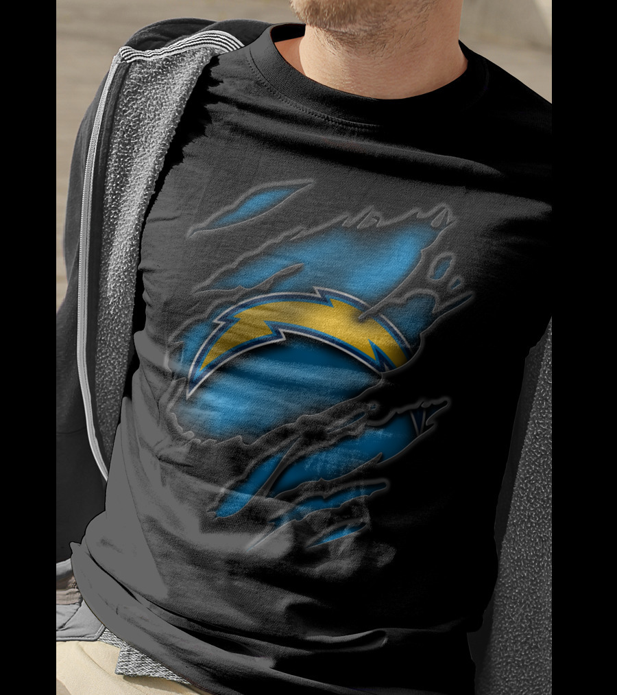Torn Los Angeles Chargers Lightning Bolt Ripped Blue Claw Marks T-Shirt