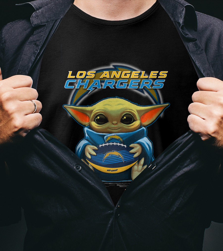 Los Angeles Chargers Baby Yoda Holding Football T-Shirt