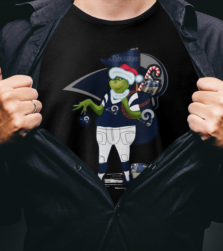 Grinchxmas Los Angeles Rams Football Santa And Candy Cane T-Shirt