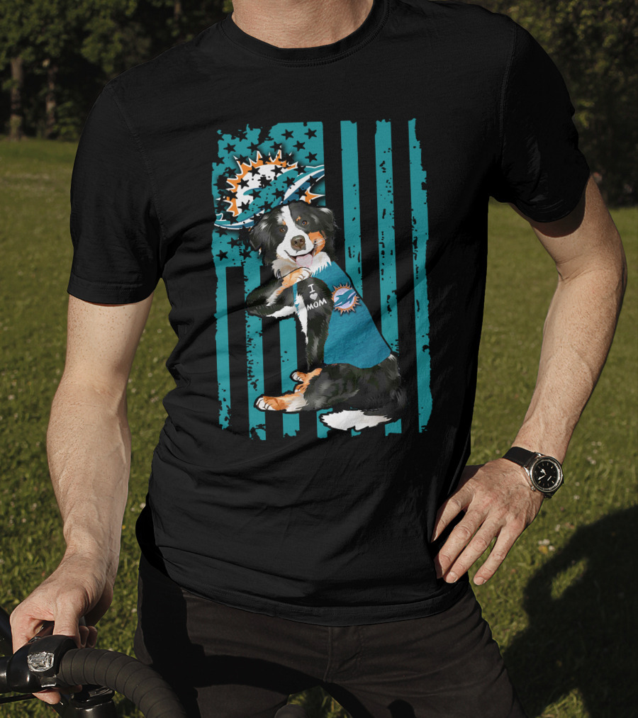 Border Collie I Love Mom Miami Dolphins Flag T-Shirt
