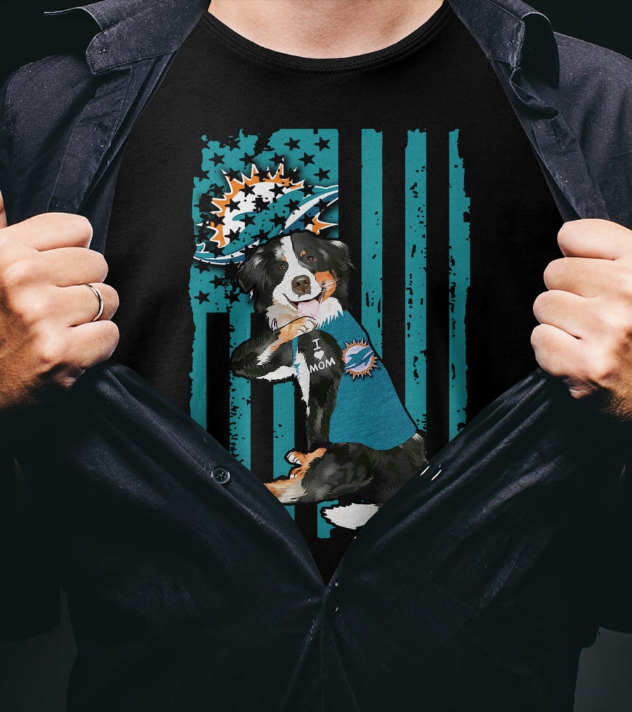 Border Collie I Love Mom Miami Dolphins Flag T-Shirt