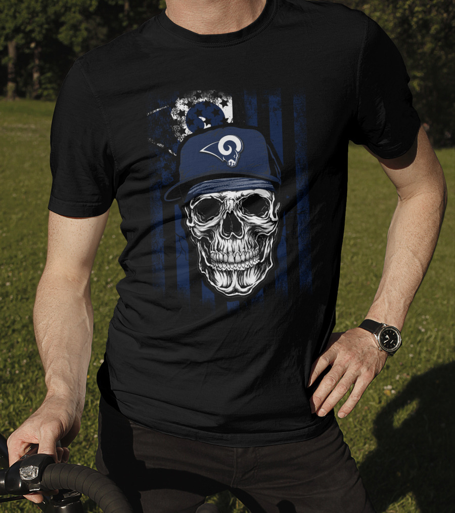Skull With Los Angeles Rams Cap On American Flag Background T-Shirt