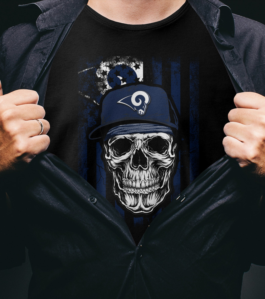 Skull With Los Angeles Rams Cap On American Flag Background T-Shirt
