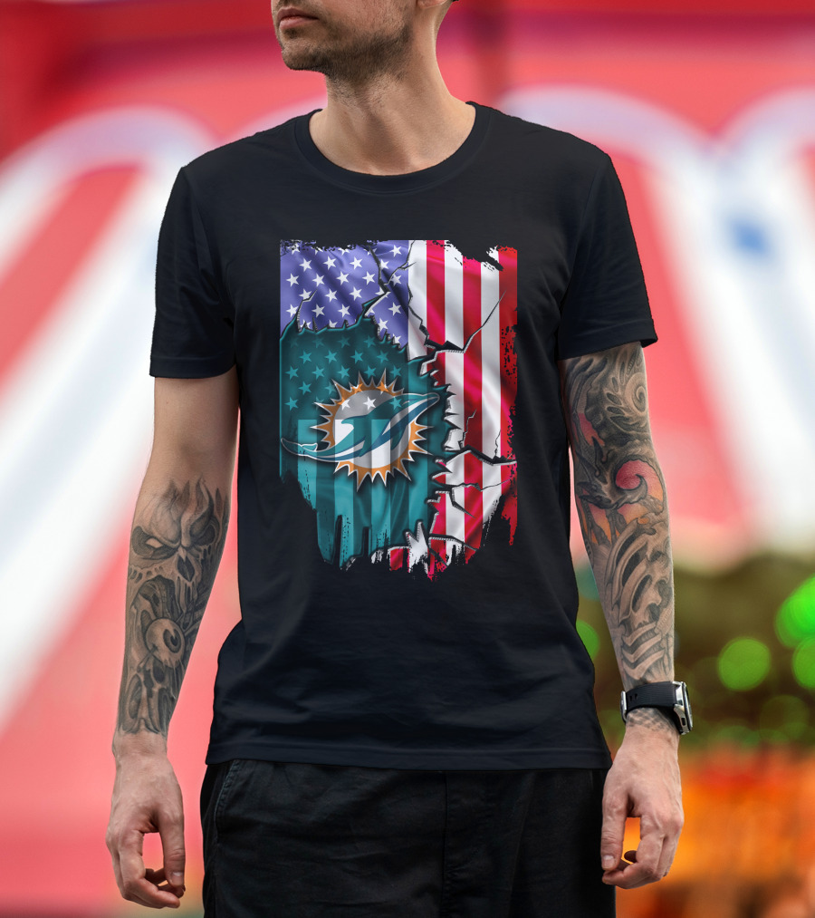 USA Flag Miami Dolphins Logo Cracked Effect T-Shirt