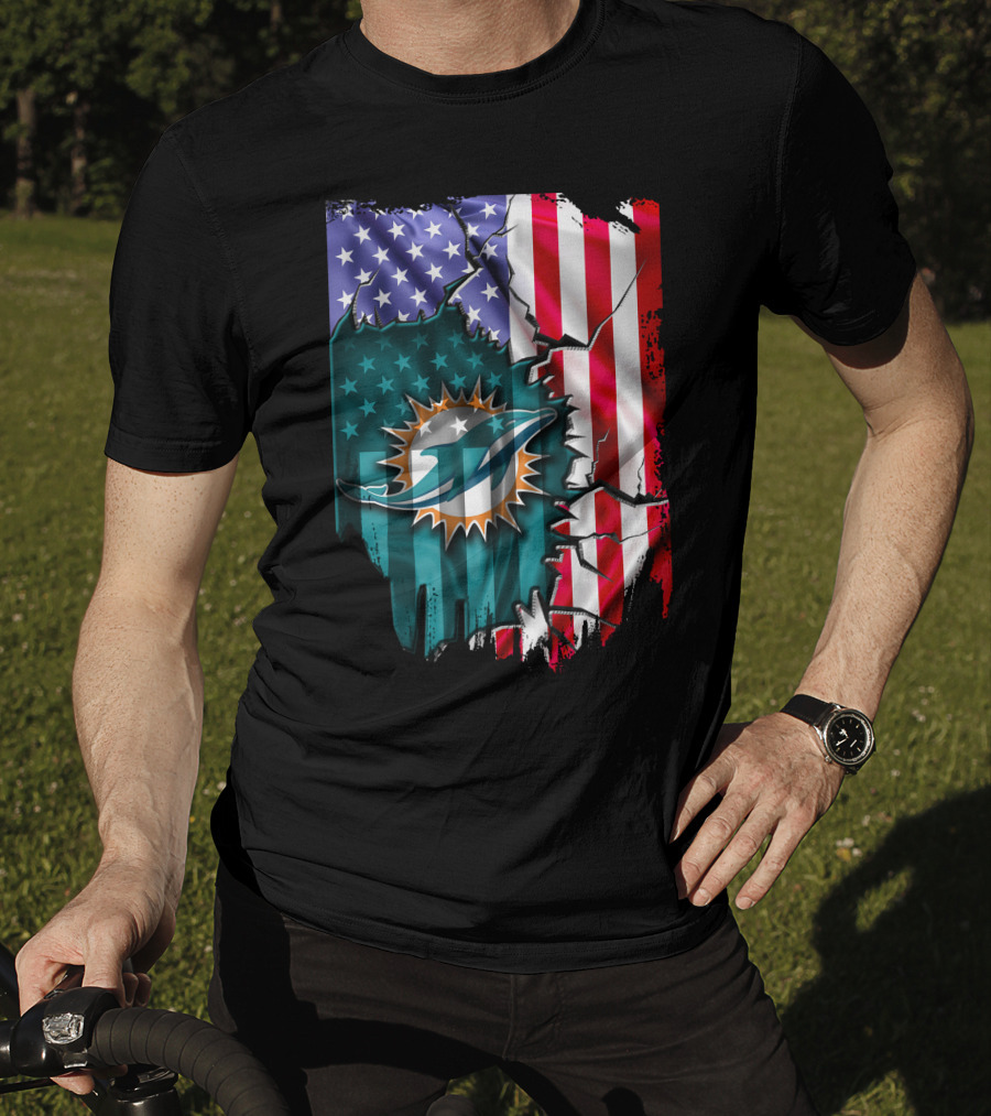 USA Flag Miami Dolphins Logo Cracked Effect T-Shirt