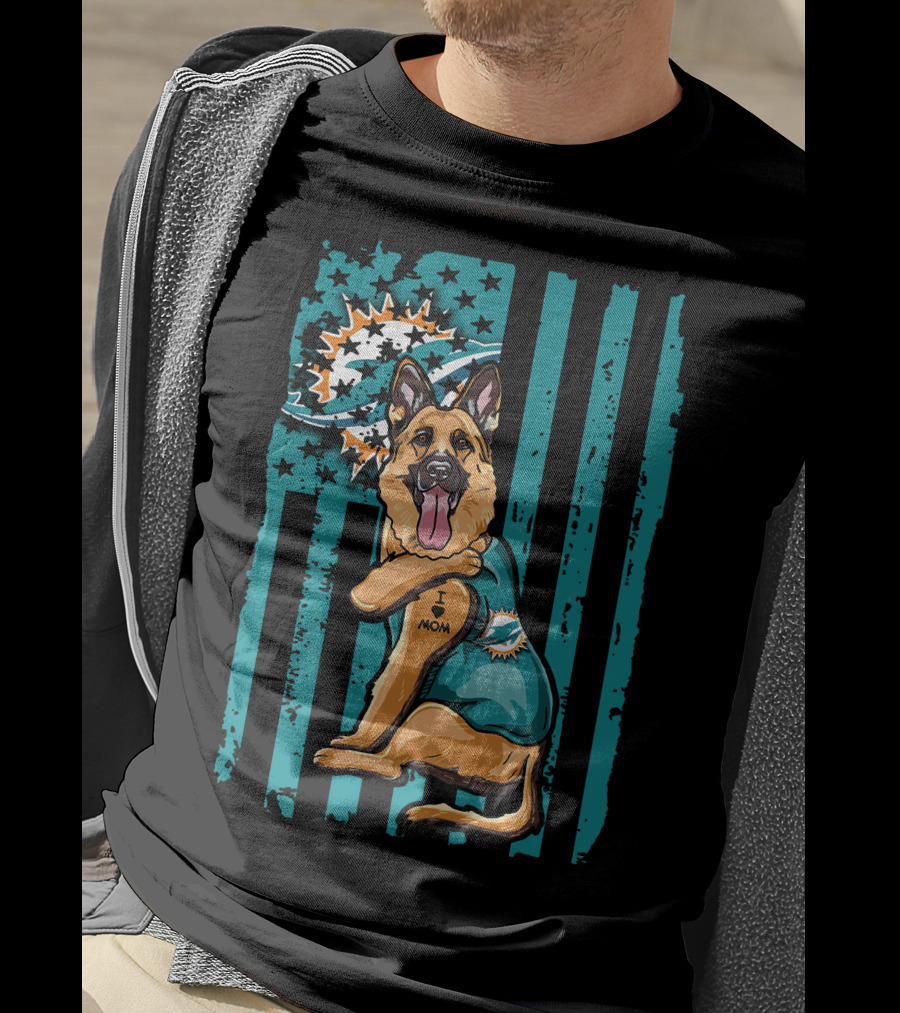 German Shepherd I Love Mom Miami Dolphins Fan T-Shirt