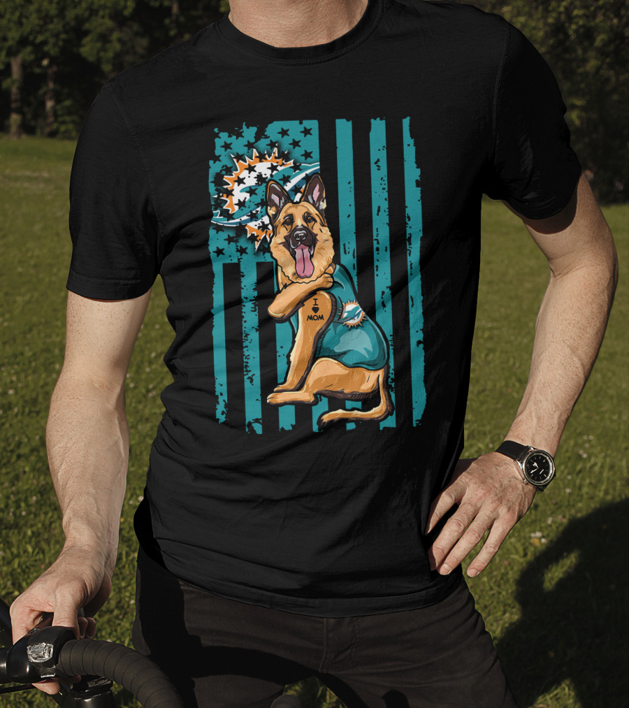 German Shepherd I Love Mom Miami Dolphins Fan T-Shirt