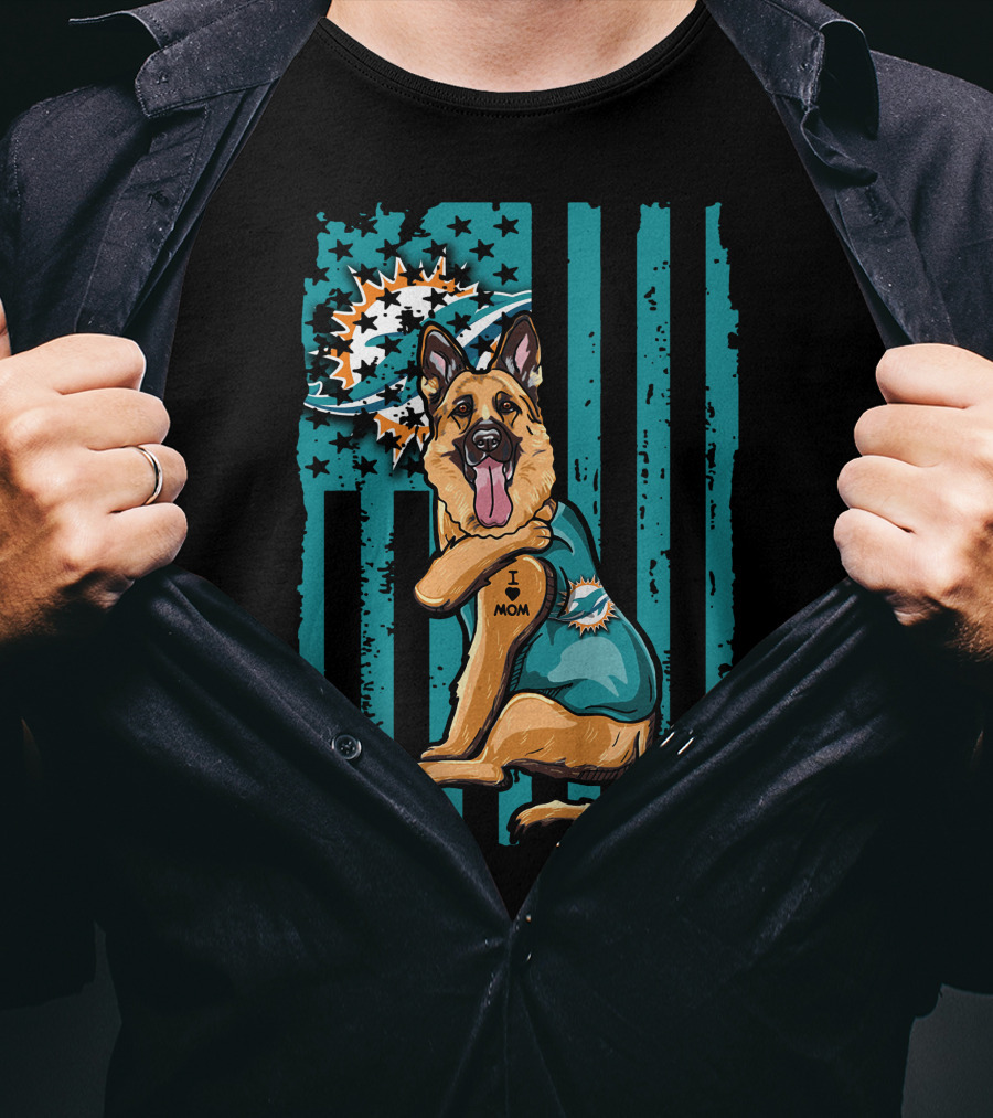 German Shepherd I Love Mom Miami Dolphins Fan T-Shirt