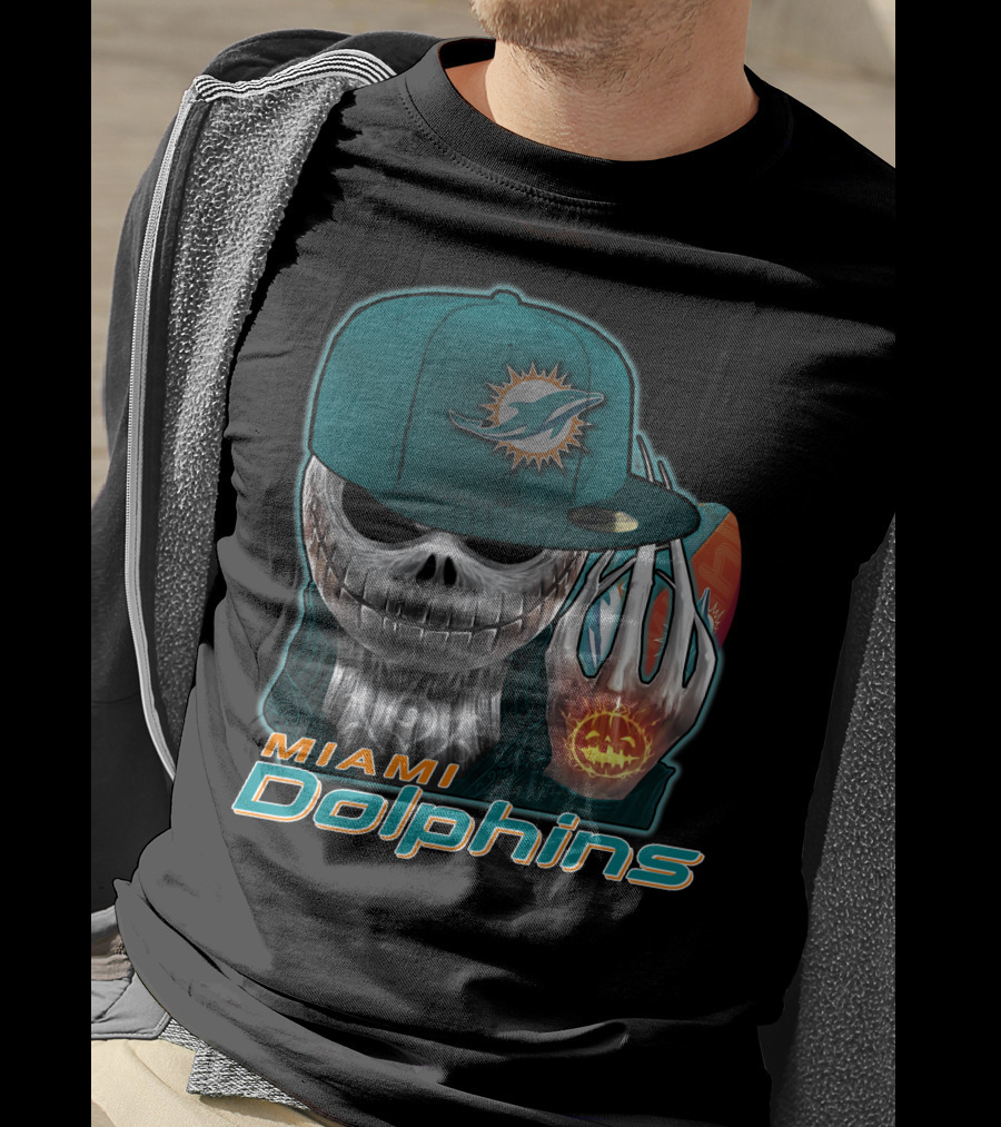 Miami Dolphins Skull With Jack-O'-Lantern Glove T-Shirt