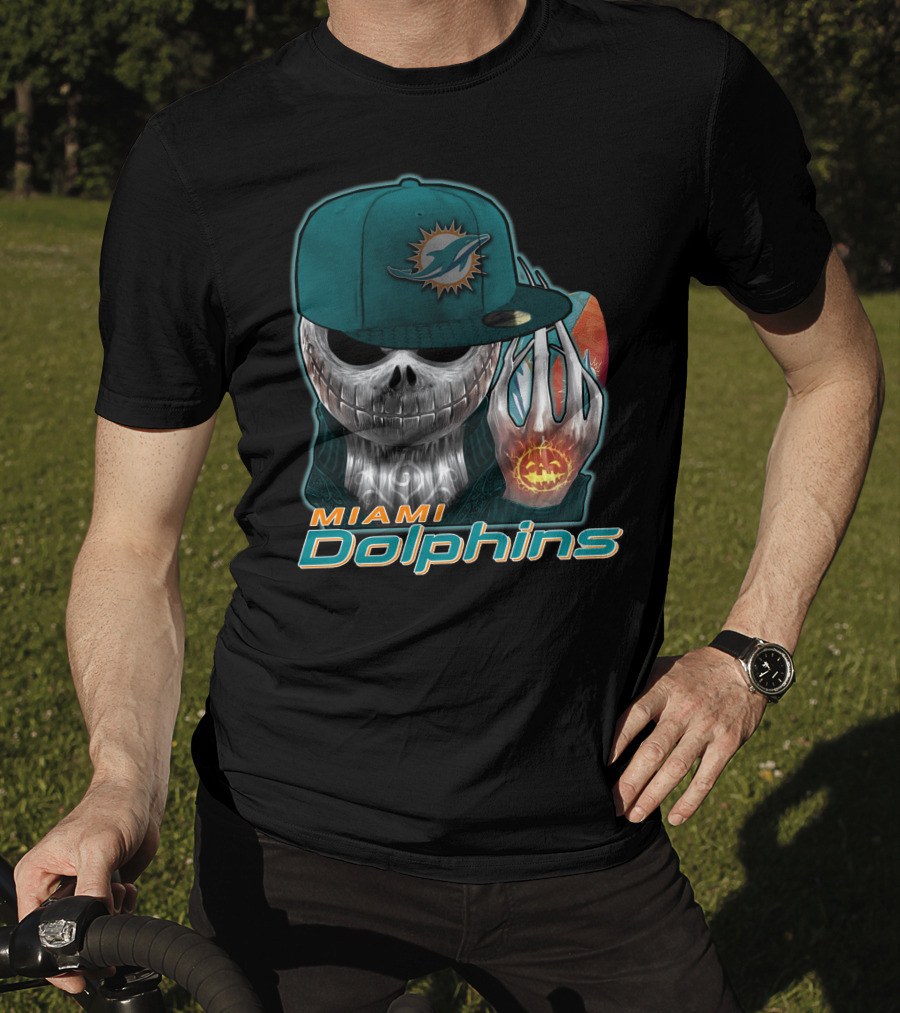 Miami Dolphins Skull With Jack-O'-Lantern Glove T-Shirt
