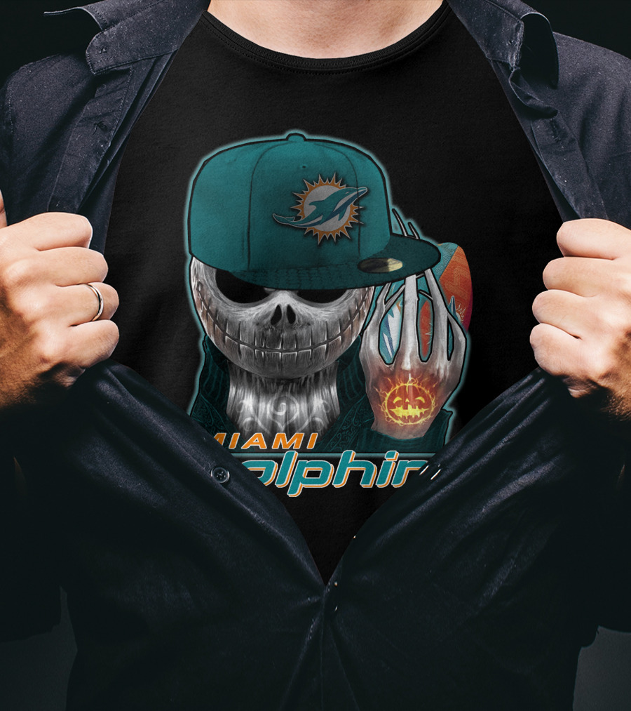 Miami Dolphins Skull With Jack-O'-Lantern Glove T-Shirt