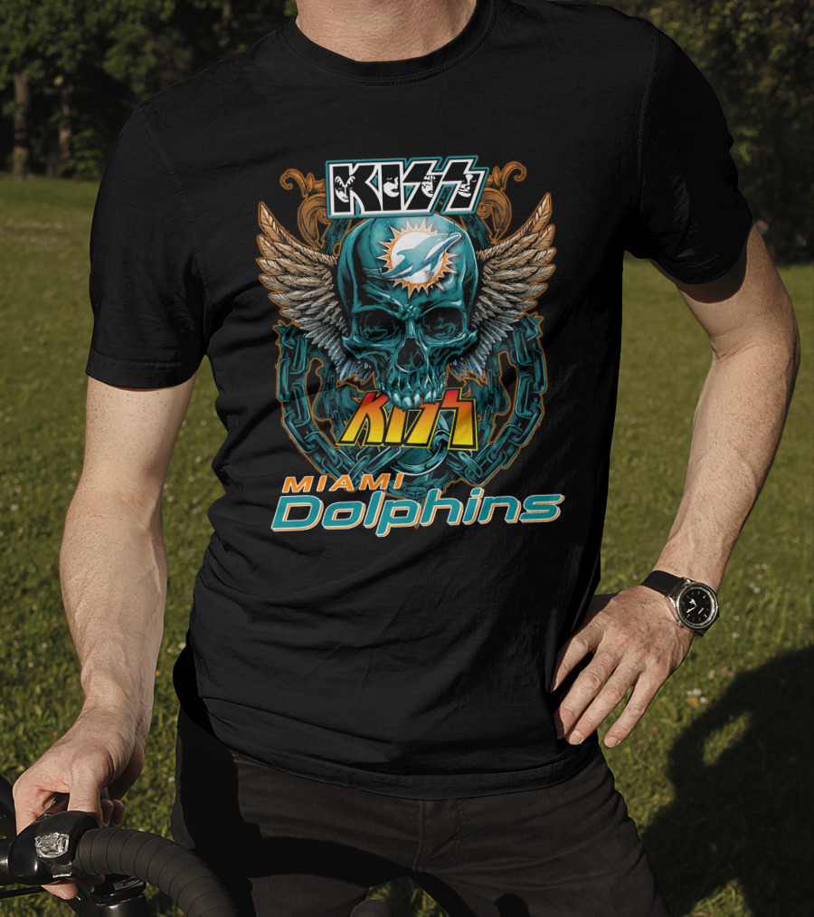Kiss Miami Dolphins Skull Wings Logo Fusion T-Shirt