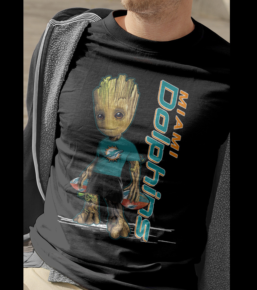 Groot Wearing Miami Dolphins Merchandise With Team Logo And Sports T-Shirt