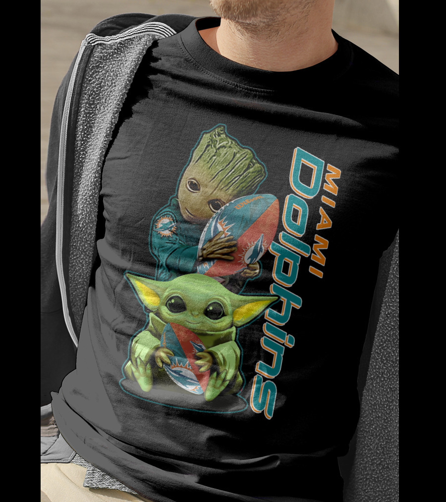 Groot And Baby Yoda Miami Dolphins Football Fan T-Shirt
