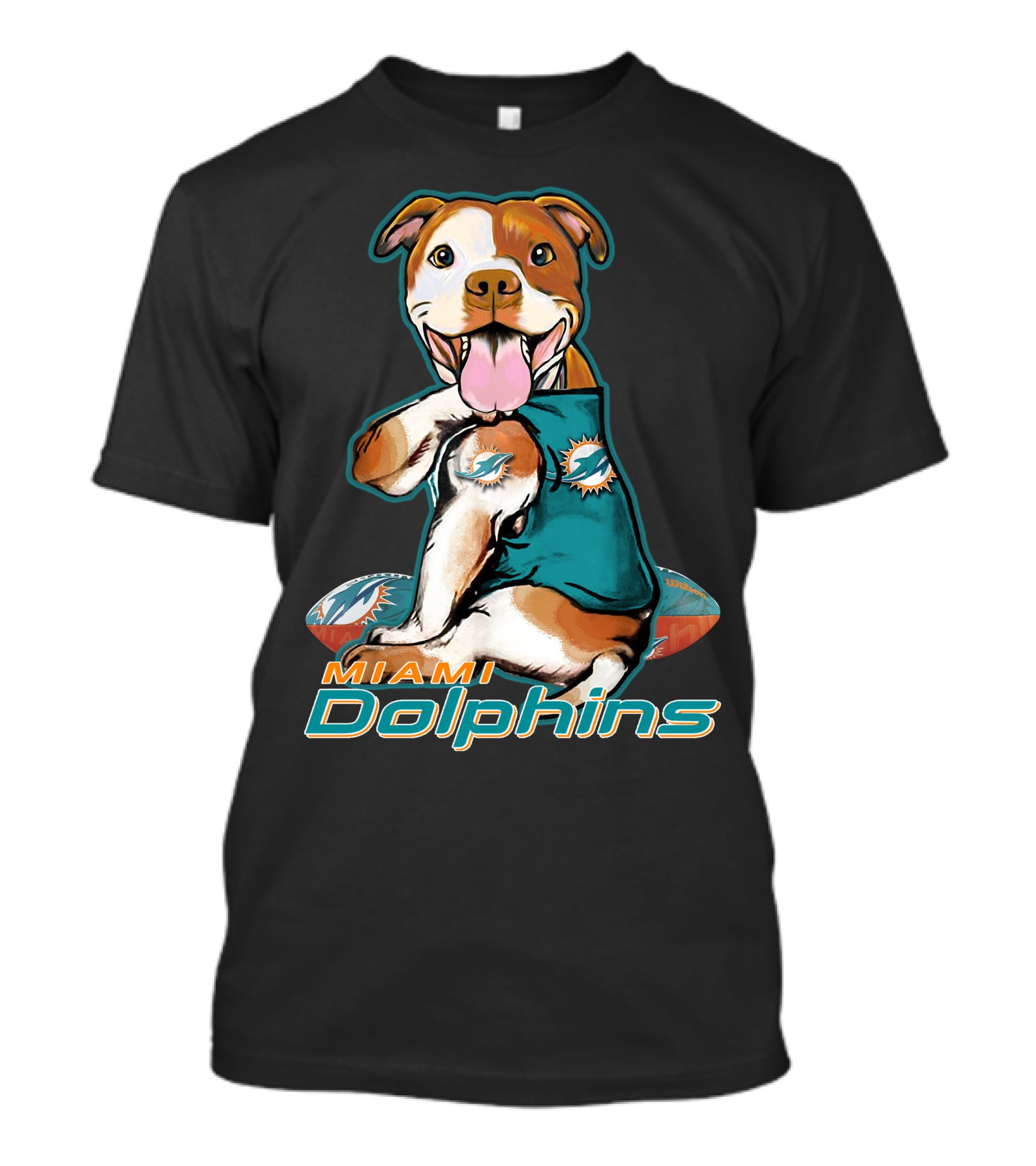 Pittbull Wearing Miami Dolphins Jersey With Logo And Football T-Shirt