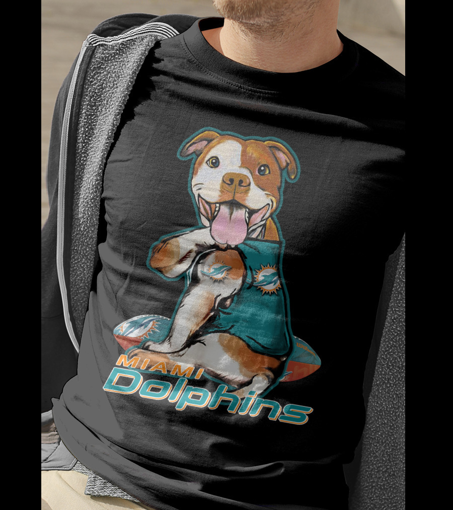 Pittbull Wearing Miami Dolphins Jersey With Logo And Football T-Shirt