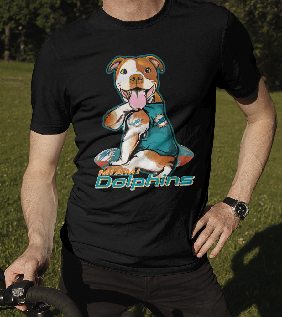 Pittbull Wearing Miami Dolphins Jersey With Logo And Football T-Shirt
