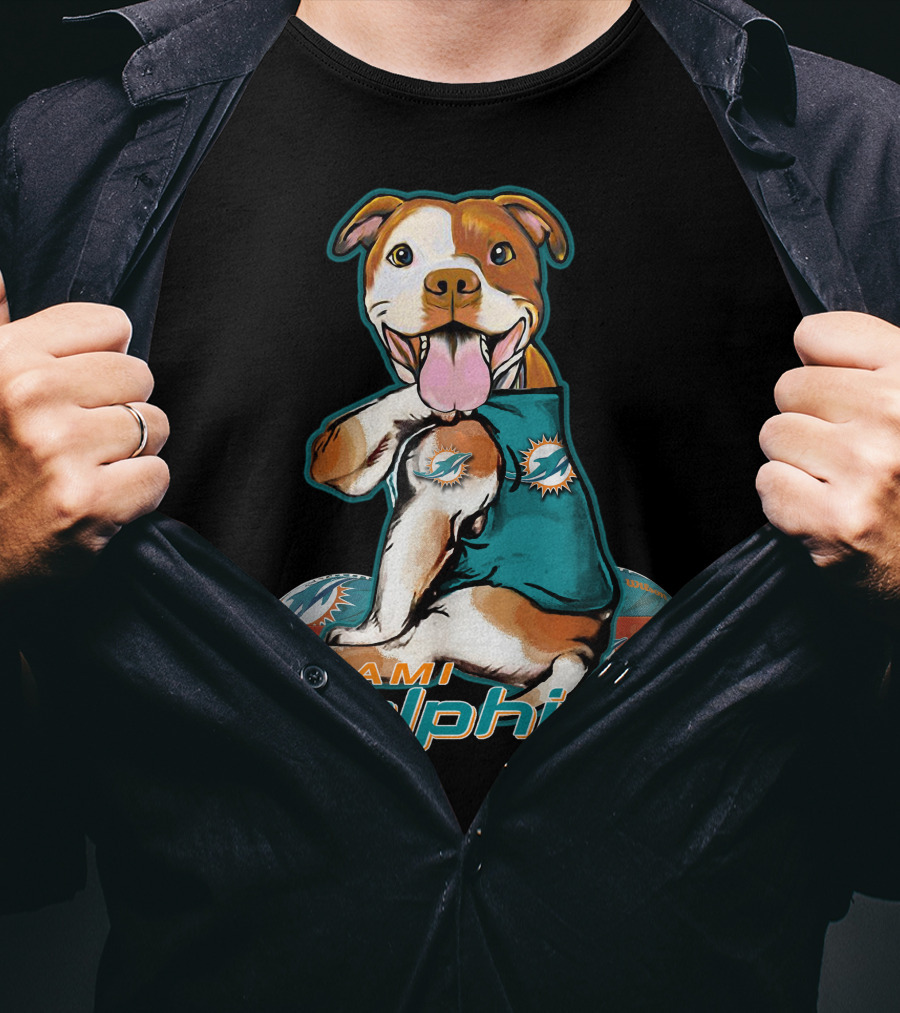 Pittbull Wearing Miami Dolphins Jersey With Logo And Football T-Shirt