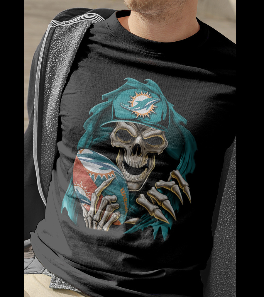 Skullbong Miami Dolphins Football Skeleton T-Shirt