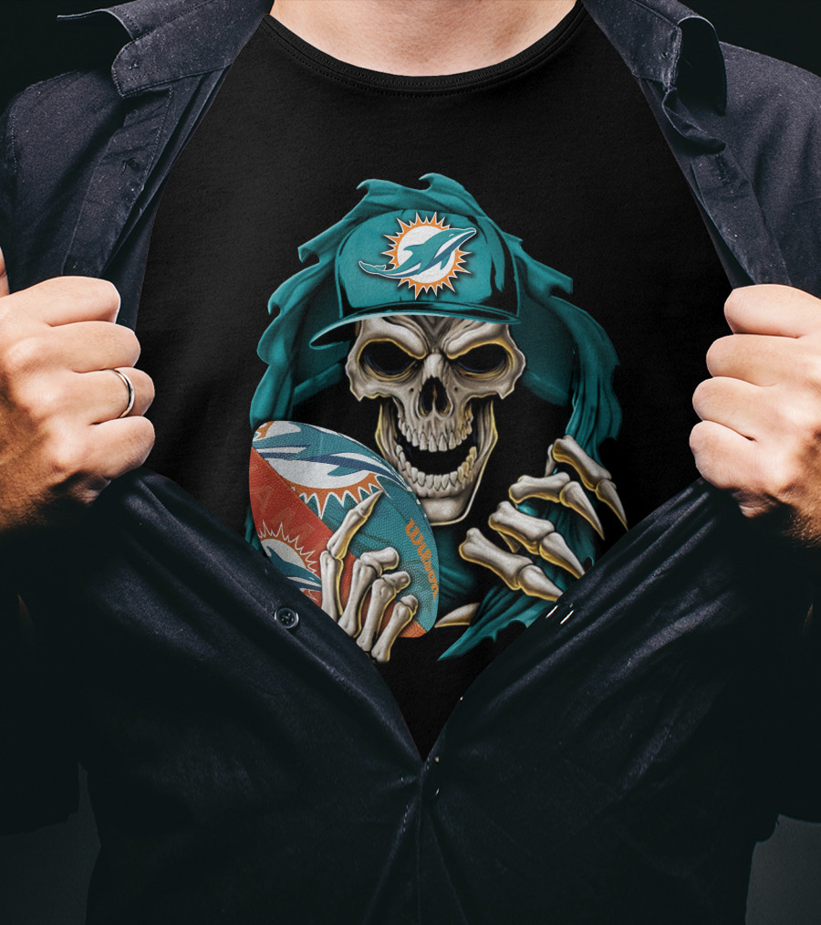 Skullbong Miami Dolphins Football Skeleton T-Shirt