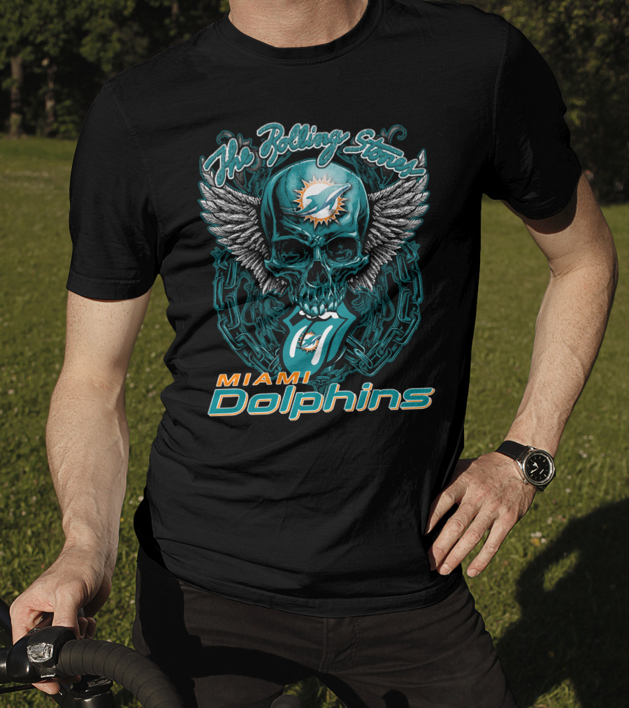 The Rolling Stones Miami Dolphins Skull With Wings Iconic Tongue T-Shirt