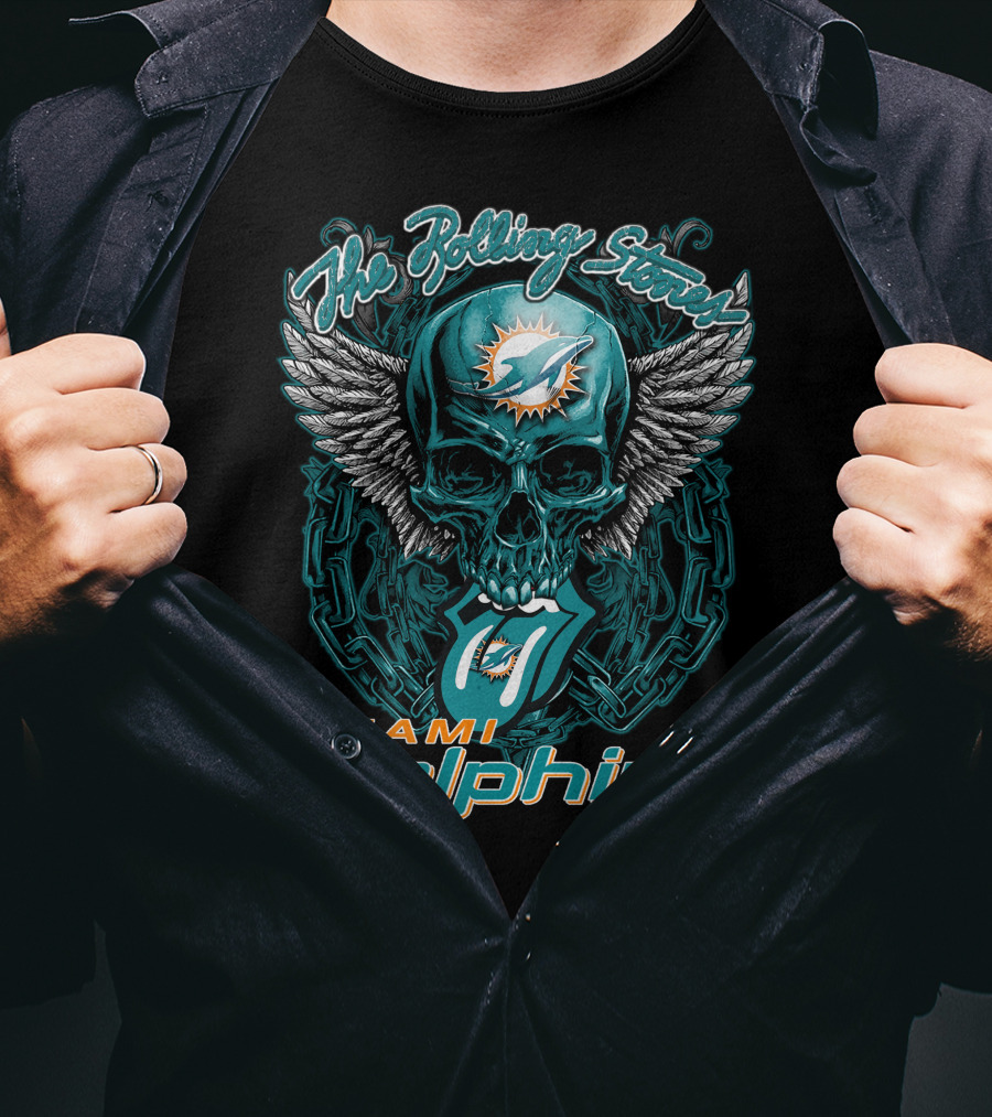 The Rolling Stones Miami Dolphins Skull With Wings Iconic Tongue T-Shirt