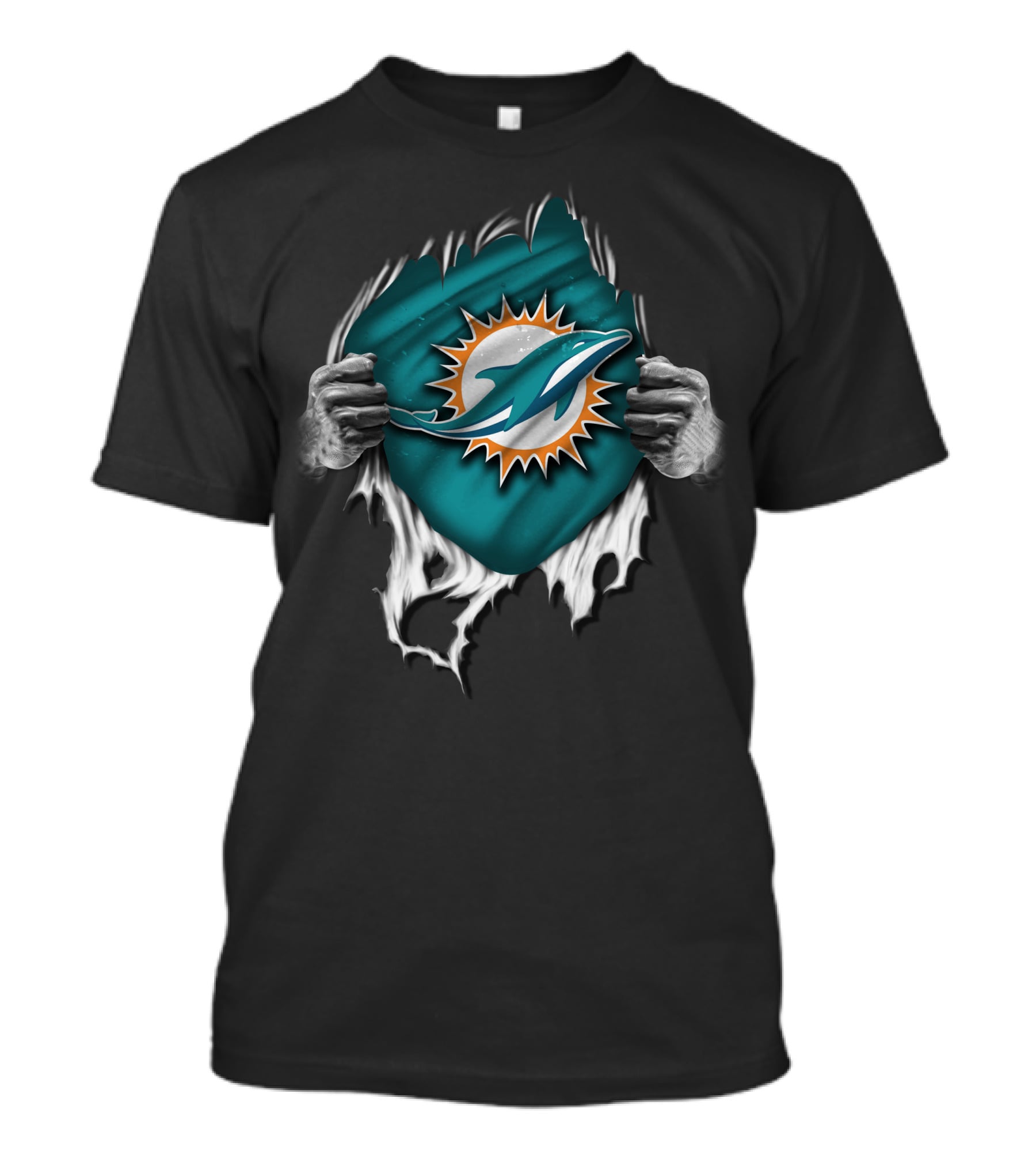 Torn Miami Dolphins Emblem With Hands Peeling Effect T-Shirt