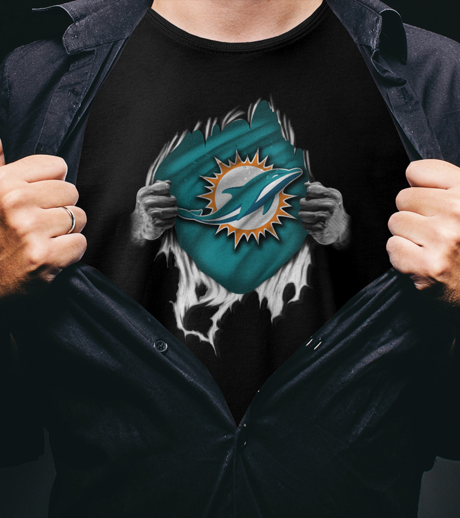 Torn Miami Dolphins Emblem With Hands Peeling Effect T-Shirt