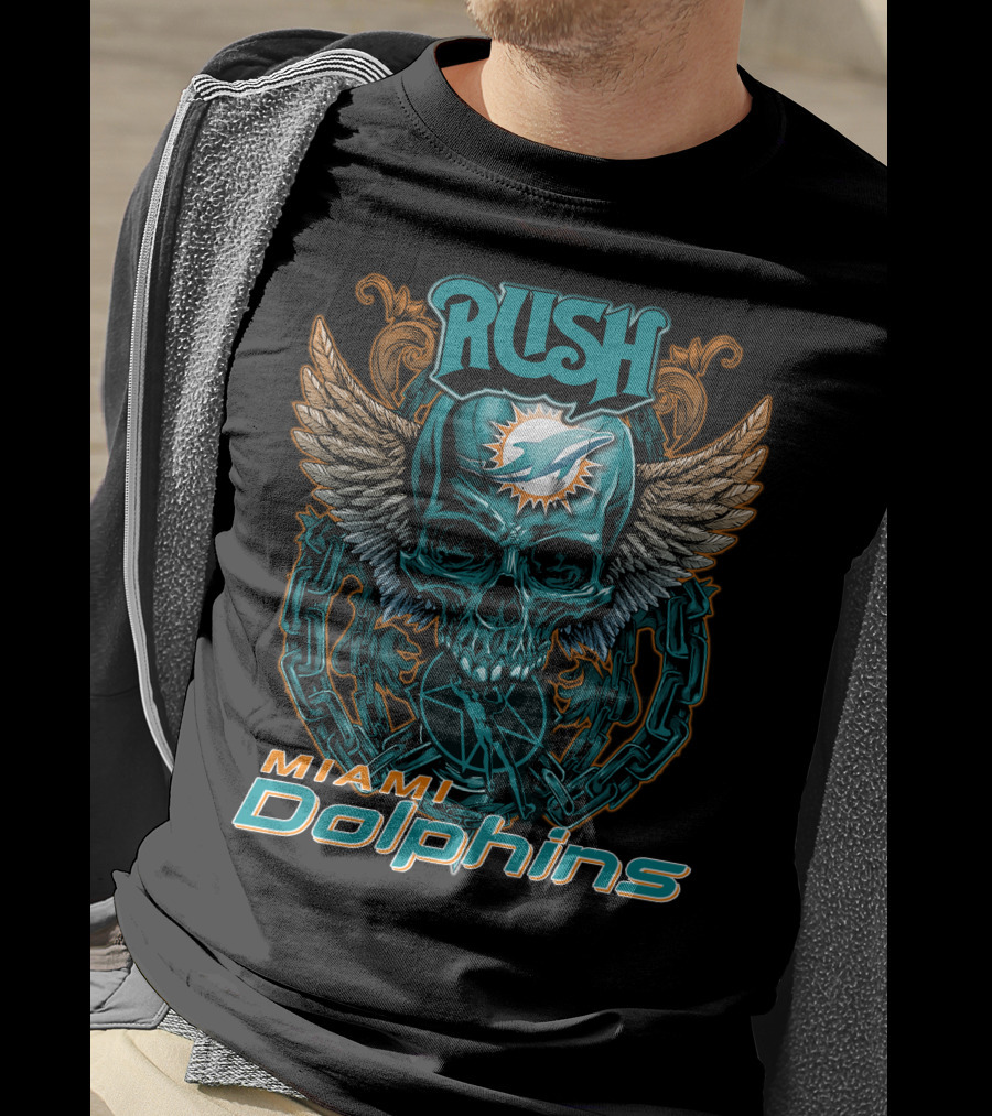 RUSH Miami Dolphins Skull Wings Chain T-Shirt