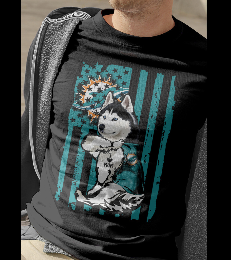 Siberian Husky Miami Dolphins Heart Mom Football Fan Flag T-Shirt