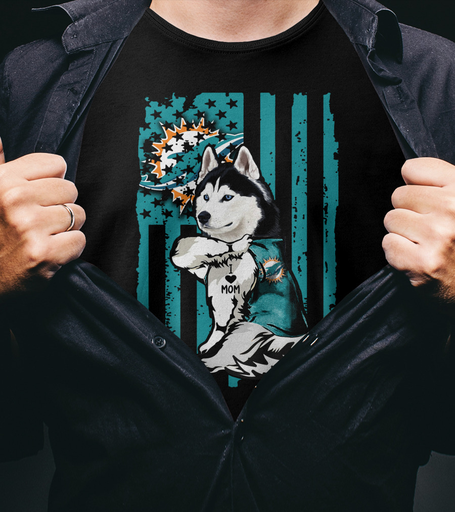 Siberian Husky Miami Dolphins Heart Mom Football Fan Flag T-Shirt