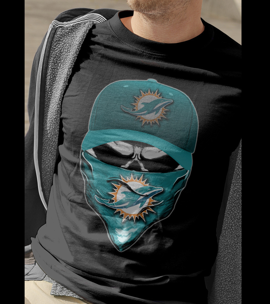 Skull Miami Dolphins Logo Hat And Bandana T-Shirt