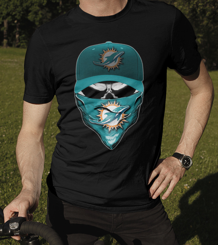 Skull Miami Dolphins Logo Hat And Bandana T-Shirt
