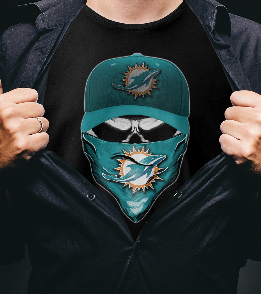 Skull Miami Dolphins Logo Hat And Bandana T-Shirt