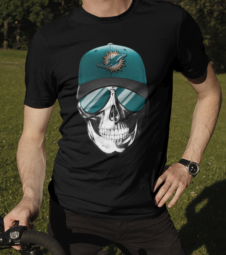 Skull With Miami Dolphins Hat And Sunglasses T-Shirt