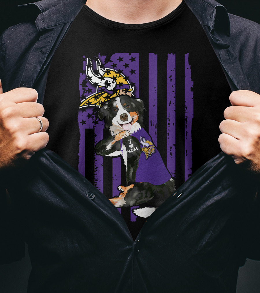 I Love Mom Border Collie With Minnesota Vikings Flag Background T-Shirt