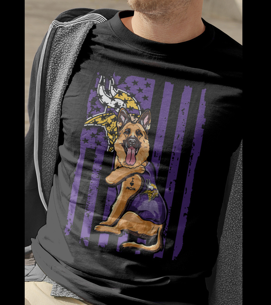 German Shepherd Minnesota Vikings Dog Wearing Jersey With Vikings Logo And I Love Mom Tattoo T-Shirt