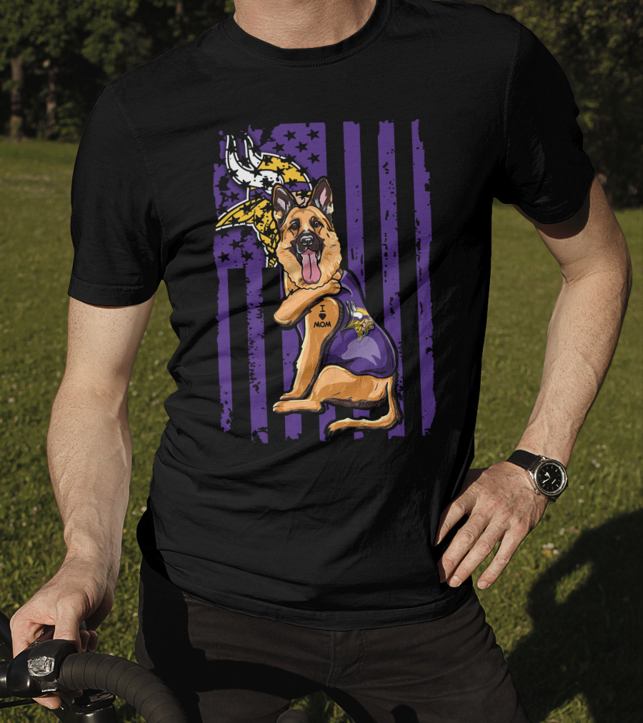 German Shepherd Minnesota Vikings Dog Wearing Jersey With Vikings Logo And I Love Mom Tattoo T-Shirt
