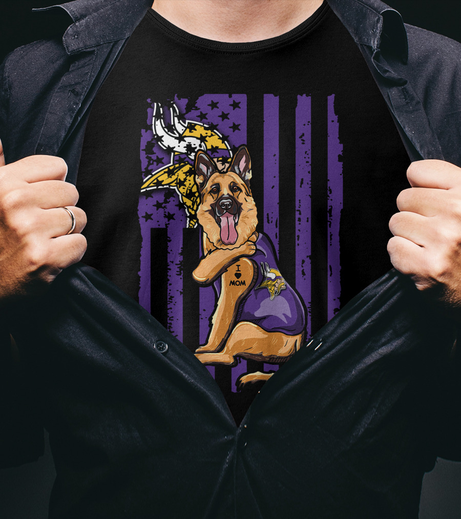 German Shepherd Minnesota Vikings Dog Wearing Jersey With Vikings Logo And I Love Mom Tattoo T-Shirt