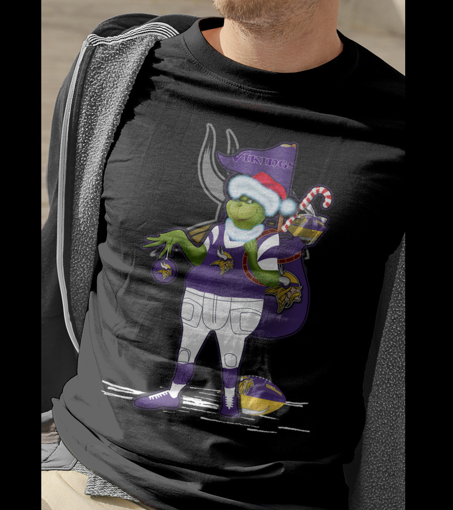 Grinchxmas Minnesota Vikings Santa Hat Candy Cane Football T-Shirt